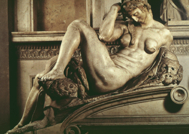 MICHELANGELO: Sculptures in Medici Chapel, closeup of Notte